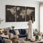 World Map Canvas Wall Art, Dark Charcoal and Antique Tan Detailed Map