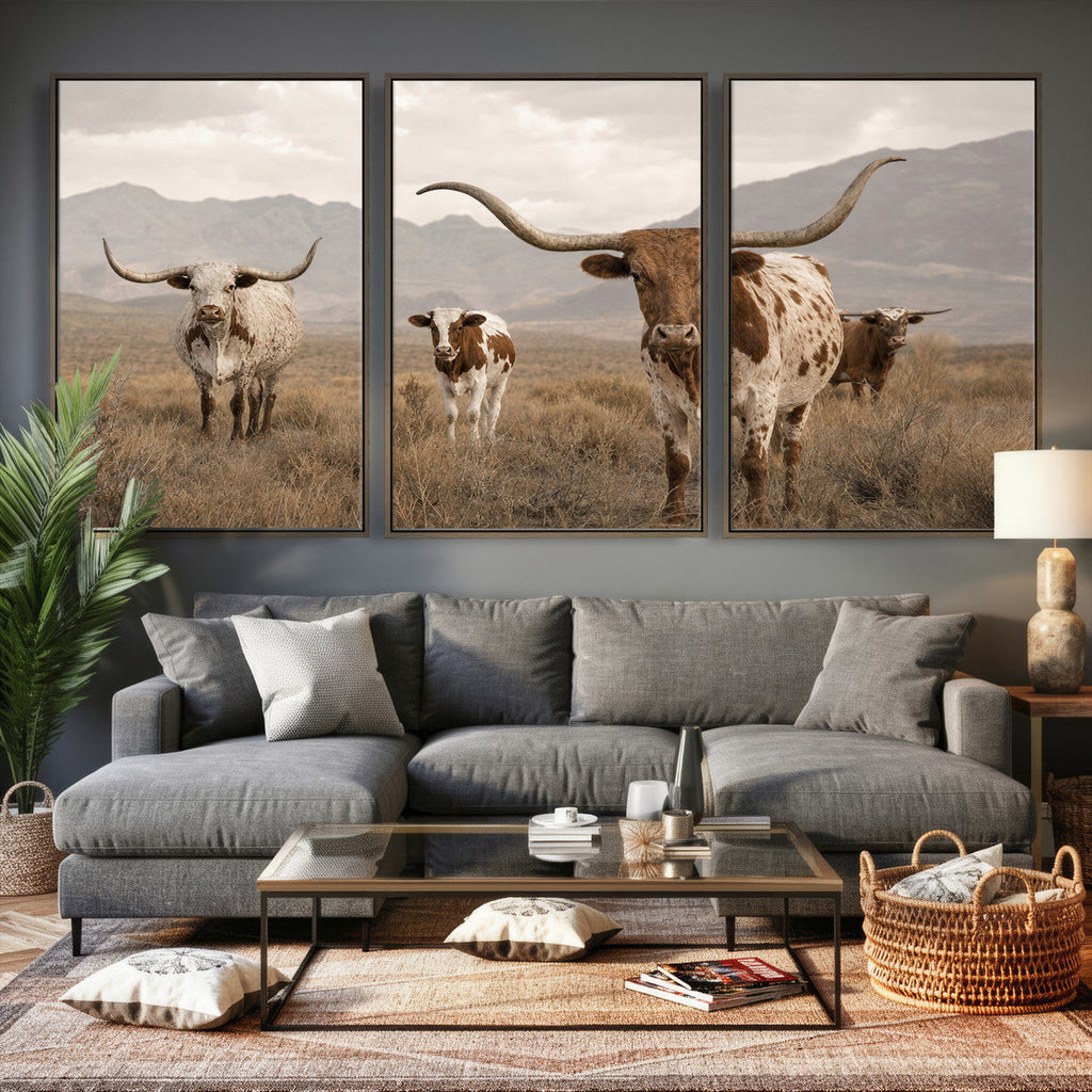 Rustic Texas Longhorn Cow Canvas Wall Art Print, Farm Animal Photography