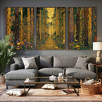 Gustav Klimt Style Forest Canvas Wall Art, Golden Forest Path Floral Art Nouveau Print