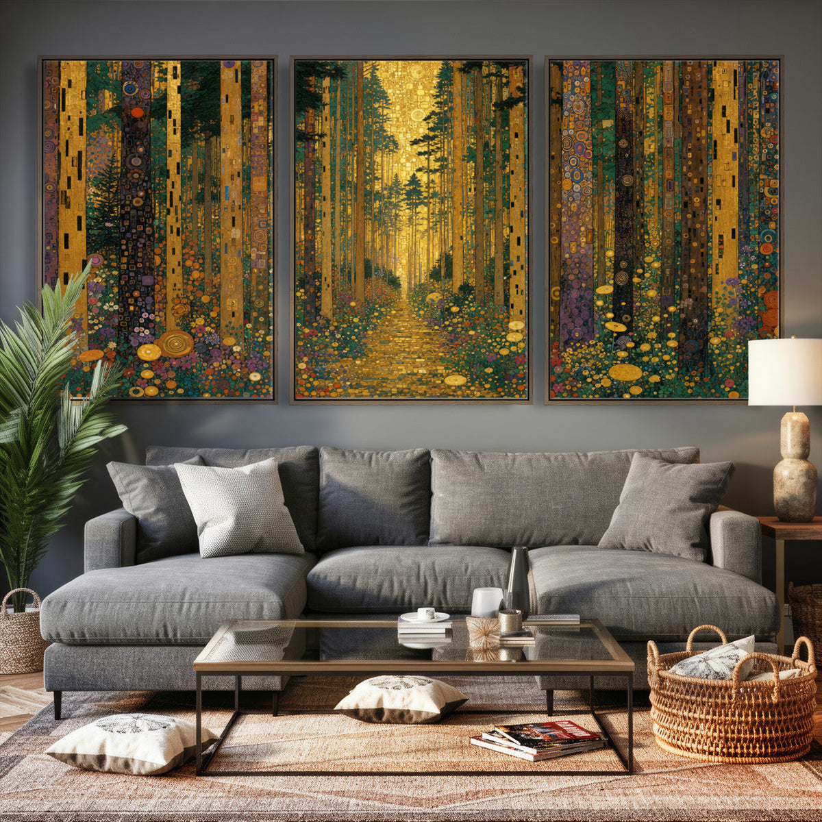 Gustav Klimt Style Forest Canvas Wall Art, Golden Forest Path Floral Art Nouveau Print
