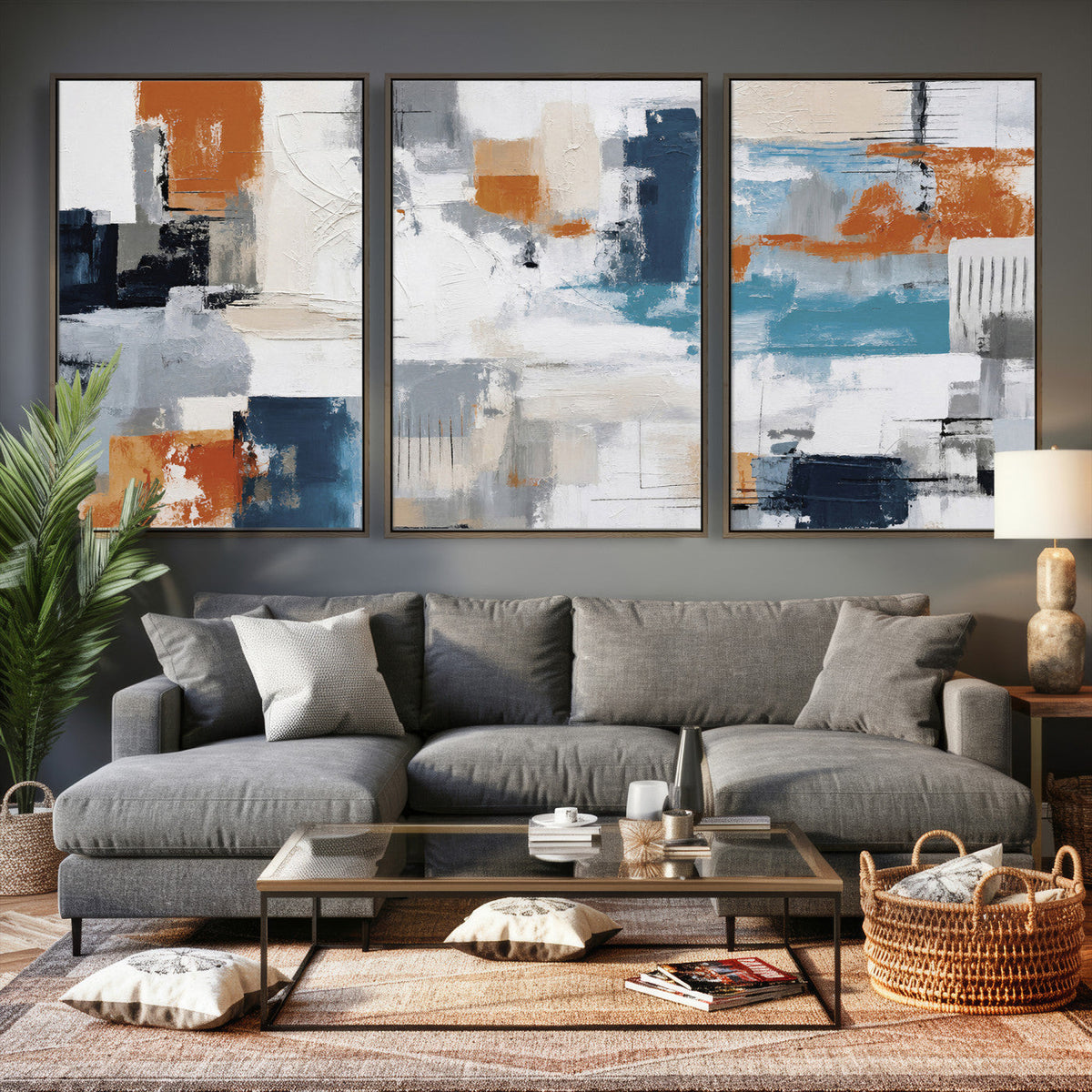 Blue Teal Abstract Canvas Wall Art, Modern Brushstroke Style Print, Navy Orange Contemporary Decor