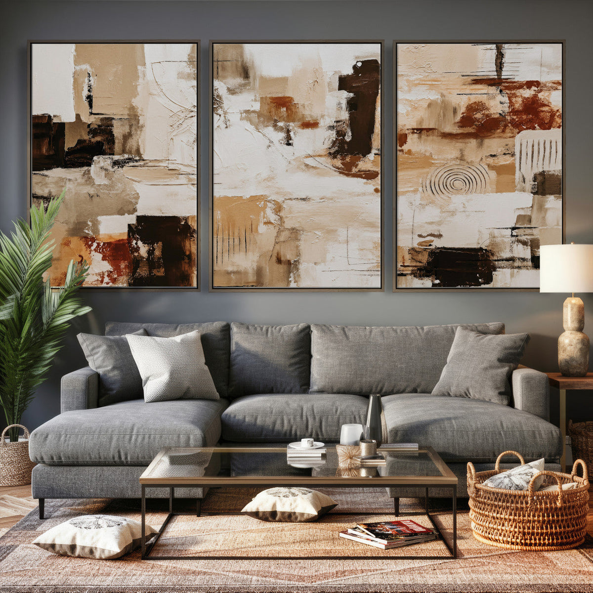 Blue Teal Abstract Canvas Wall Art, Modern Brushstroke Style Print, Navy Orange Contemporary Decor