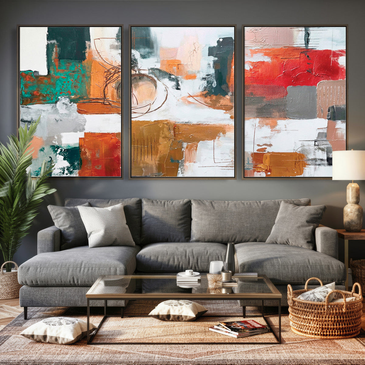 Blue Teal Abstract Canvas Wall Art, Modern Brushstroke Style Print, Navy Orange Contemporary Decor