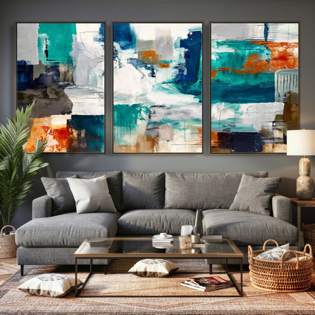 Blue Teal Abstract Canvas Wall Art, Modern Brushstroke Style Print, Navy Orange Contemporary Decor