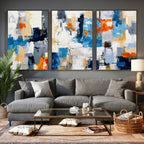 Blue Teal Abstract Canvas Wall Art, Modern Brushstroke Style Painting Print, Navy Orange Contemporary Decor