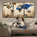 World Map Canvas Print | Vintage Blue and Gold World Map Wall Art