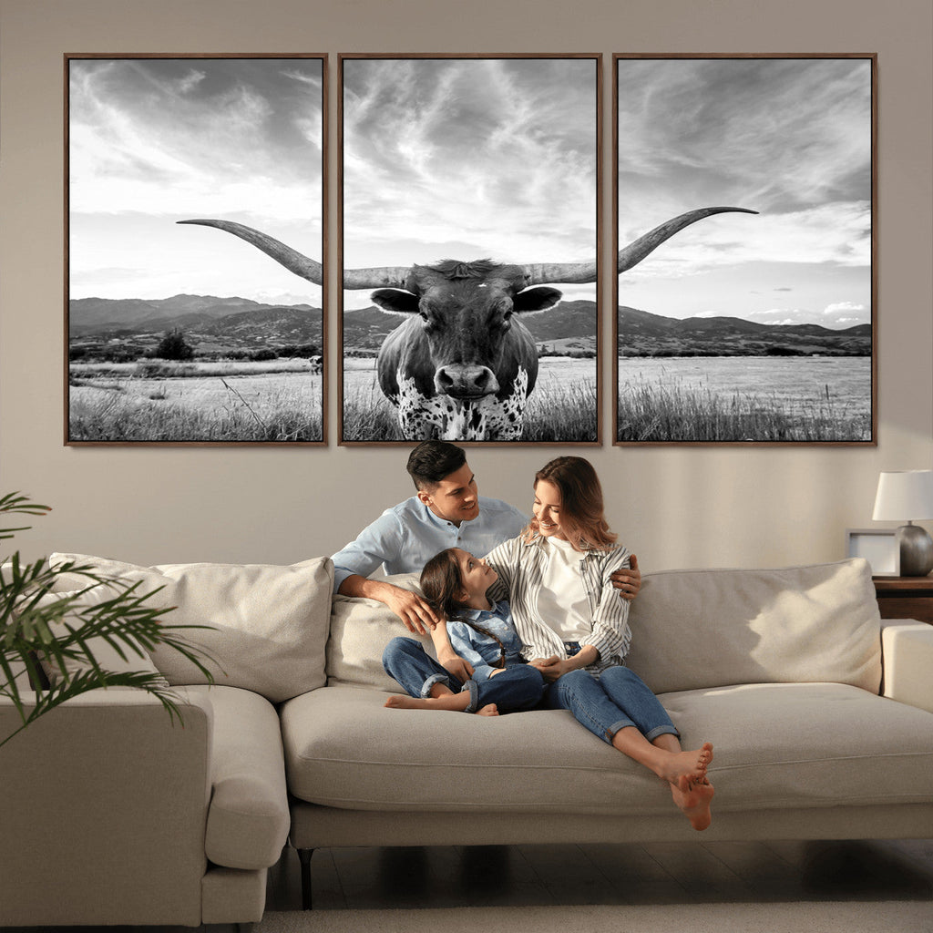 Longhorn Black and White Wall Art | Rustic Western Bull Canvas Print