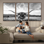 Longhorn Black and White Wall Art | Rustic Western Bull Canvas Print