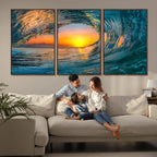 Ocean Wave Sunset Wall Art | Large Coastal Wave Canvas Print