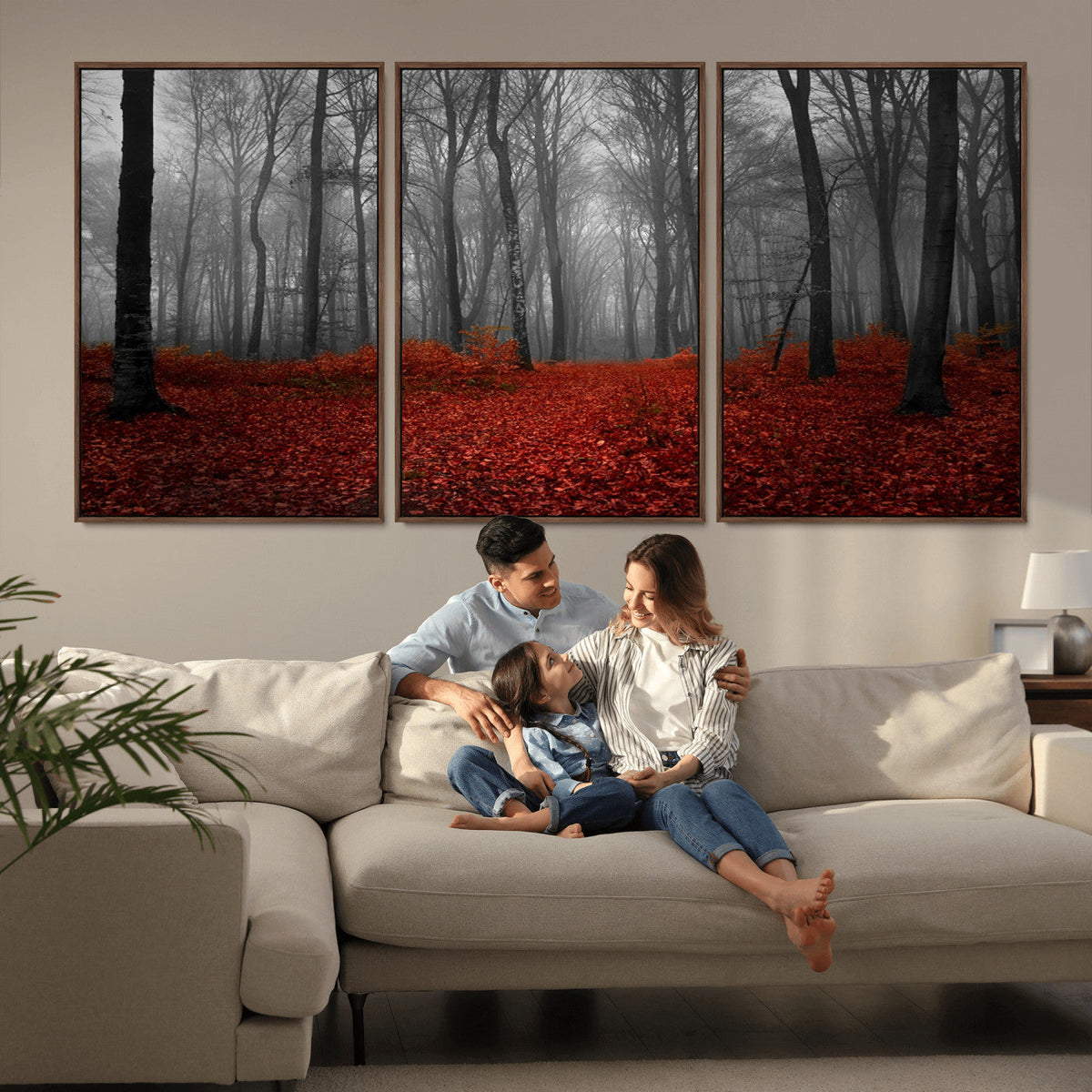 Red Forest Floor Canvas Wall Art | Mystical Foggy Woodland Triptych