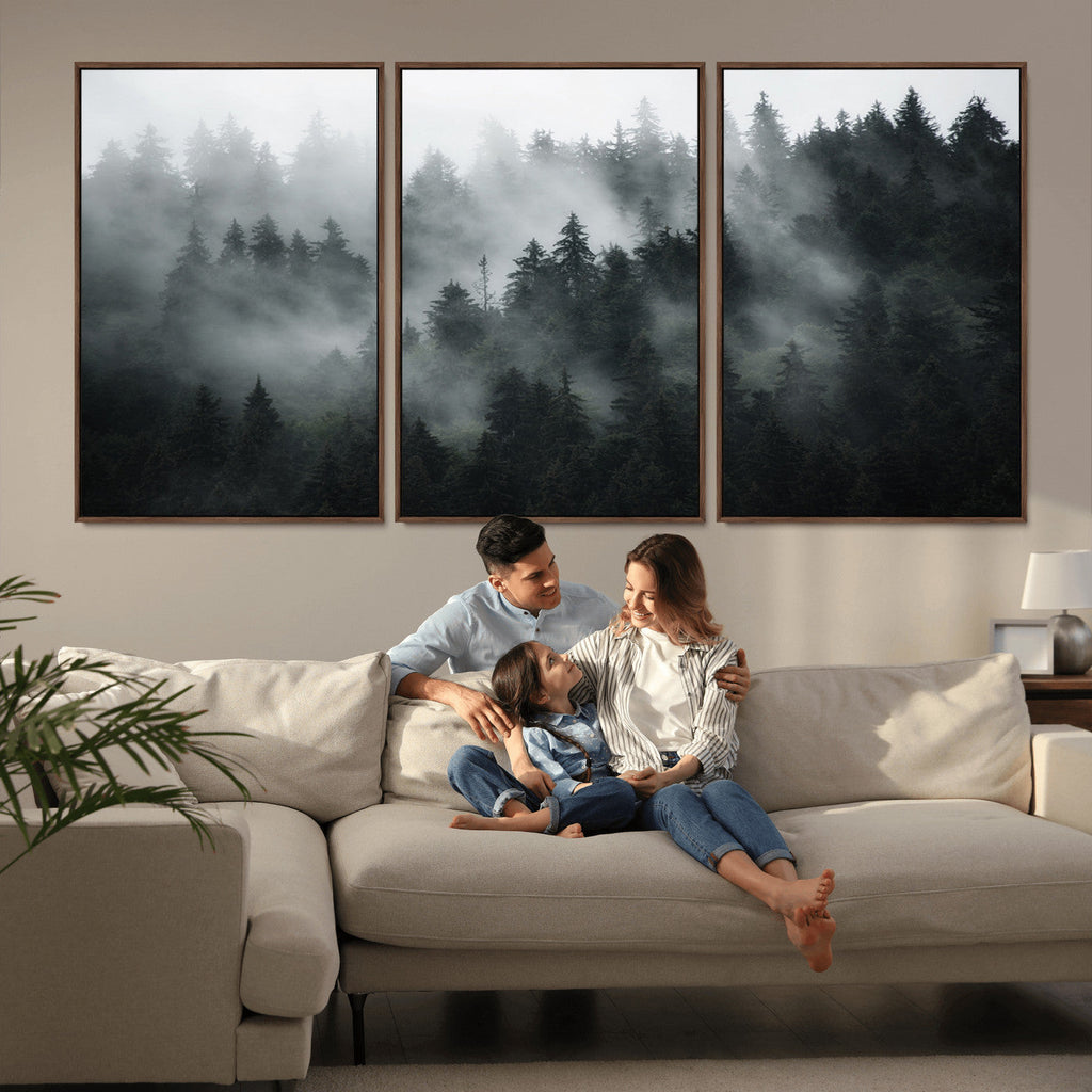 Foggy Forest Wall Art Canvas Print | 3 Panel Large Misty Landscape
