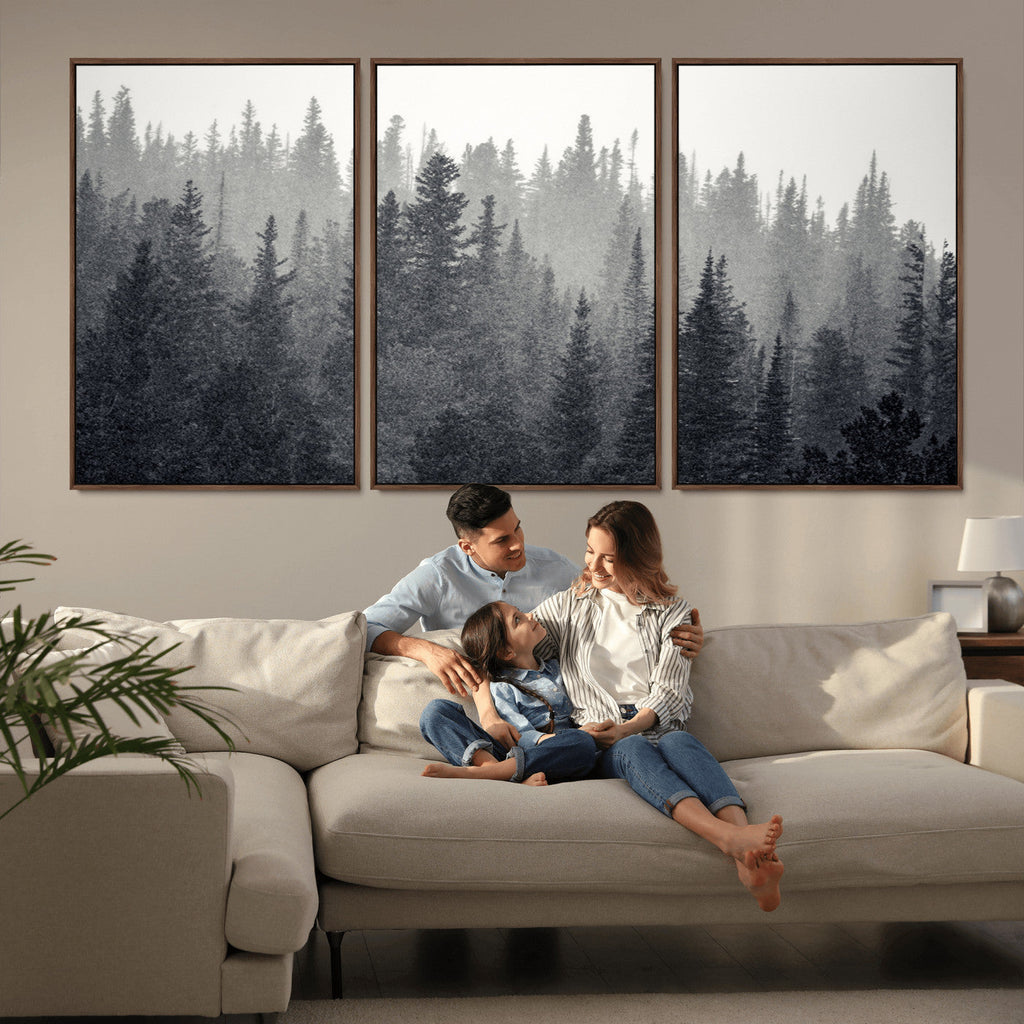 Misty Forest Canvas Wall Art | Monochrome Triptych Pine Tree Print