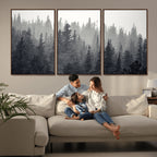 Misty Forest Canvas Wall Art | Monochrome Triptych Pine Tree Print