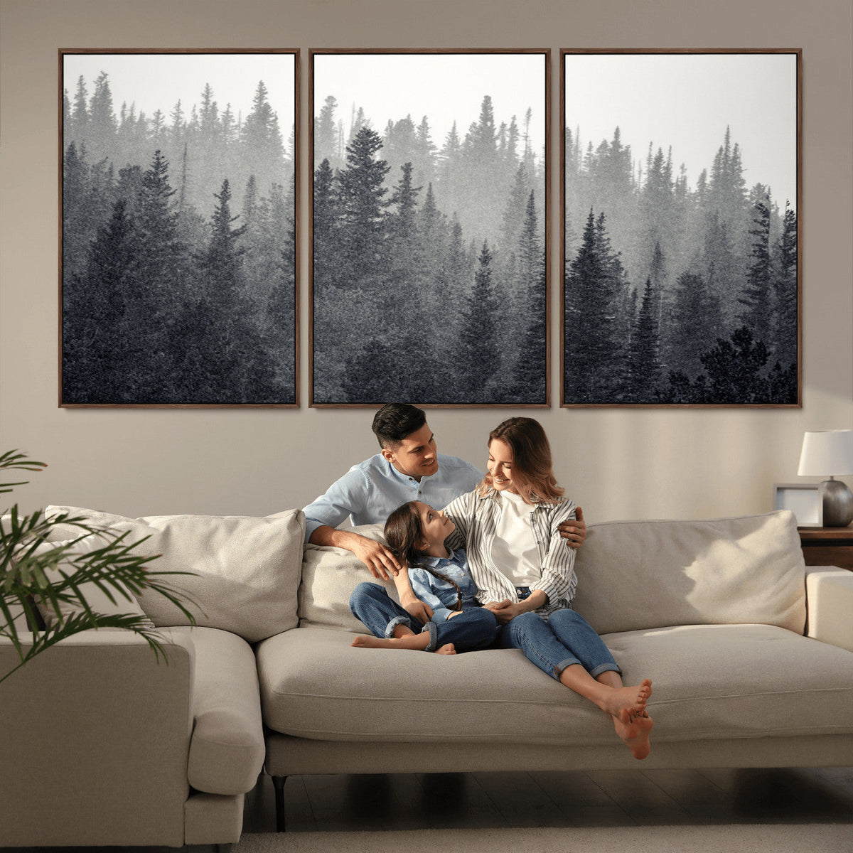 Misty Forest Canvas Wall Art | Monochrome Triptych Pine Tree Print
