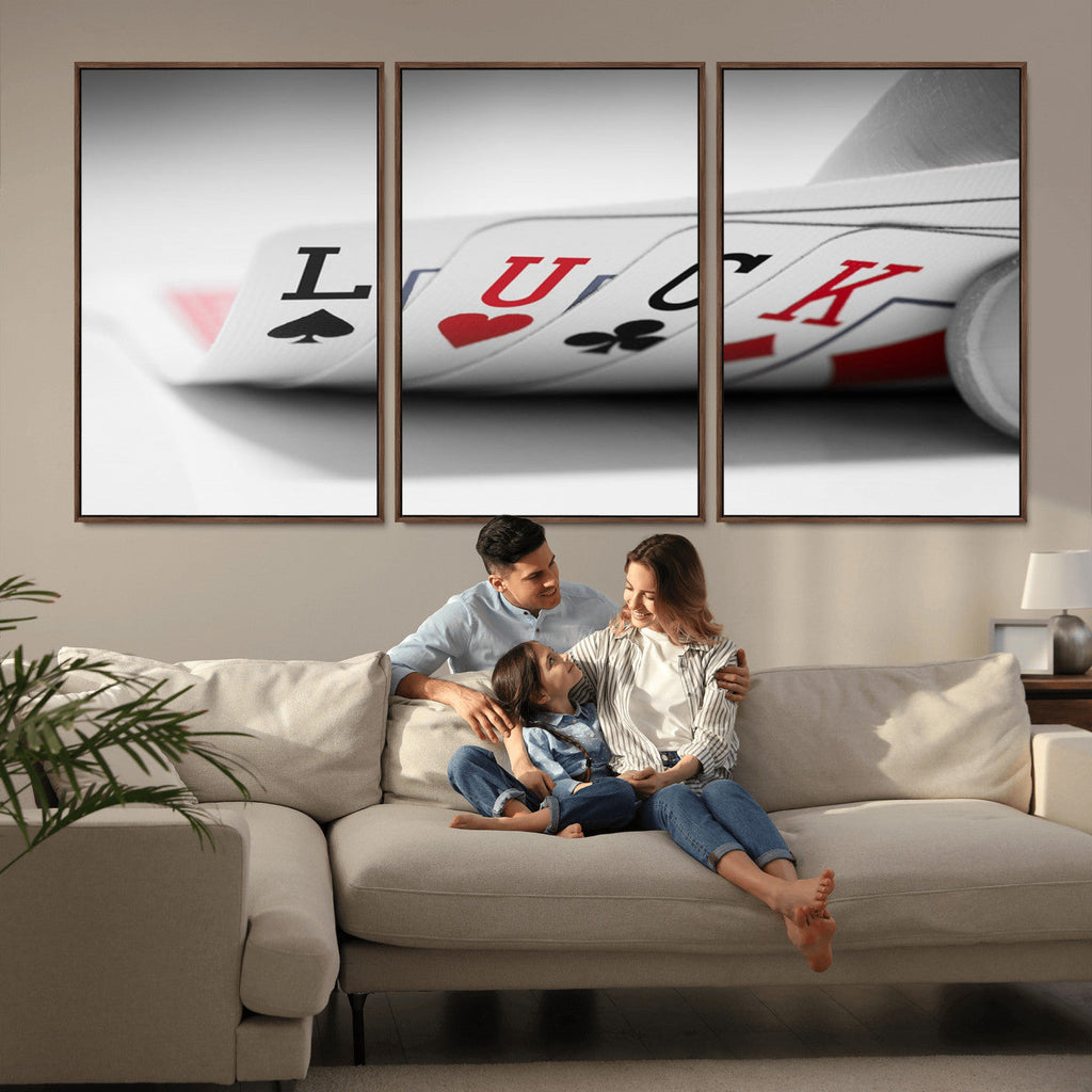 Framed Lucky Poker Cards Canvas | Modern Triptych Wall Art for Game Rooms