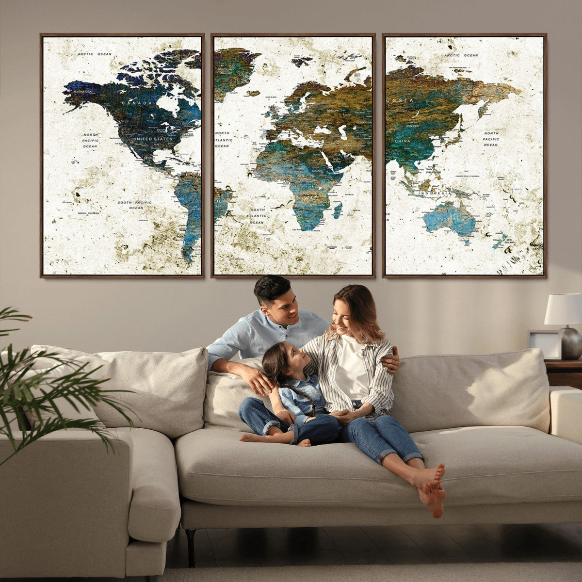 Vintage World Map Wall Art Canvas Print, Framed Rustic Earth Tone Map