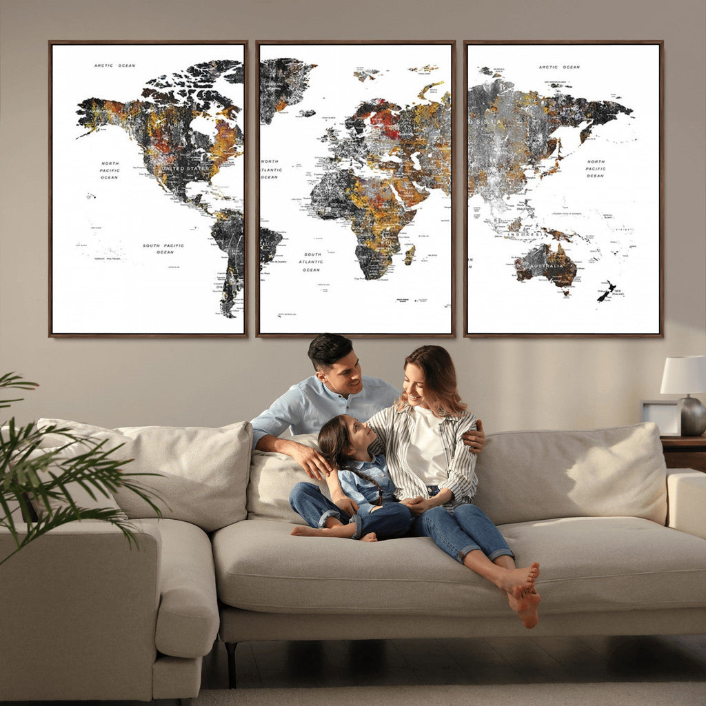 Modern Metallic World Map Canvas Wall Art | Framed Contemporary World Map Print