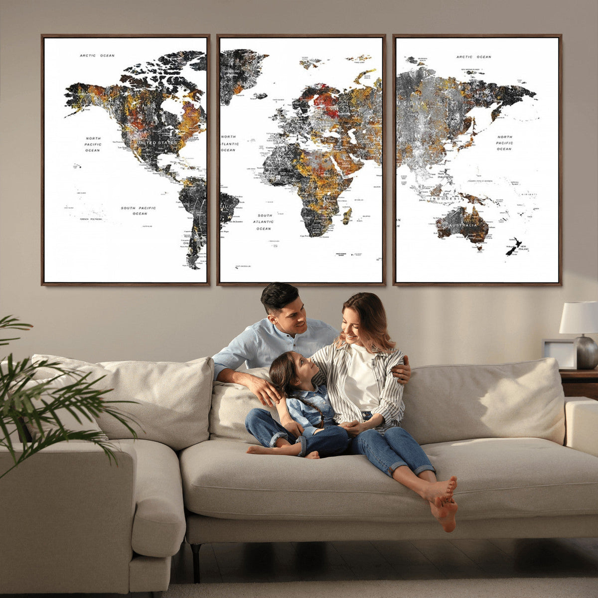 Modern Metallic World Map Canvas Wall Art | Framed Contemporary World Map Print