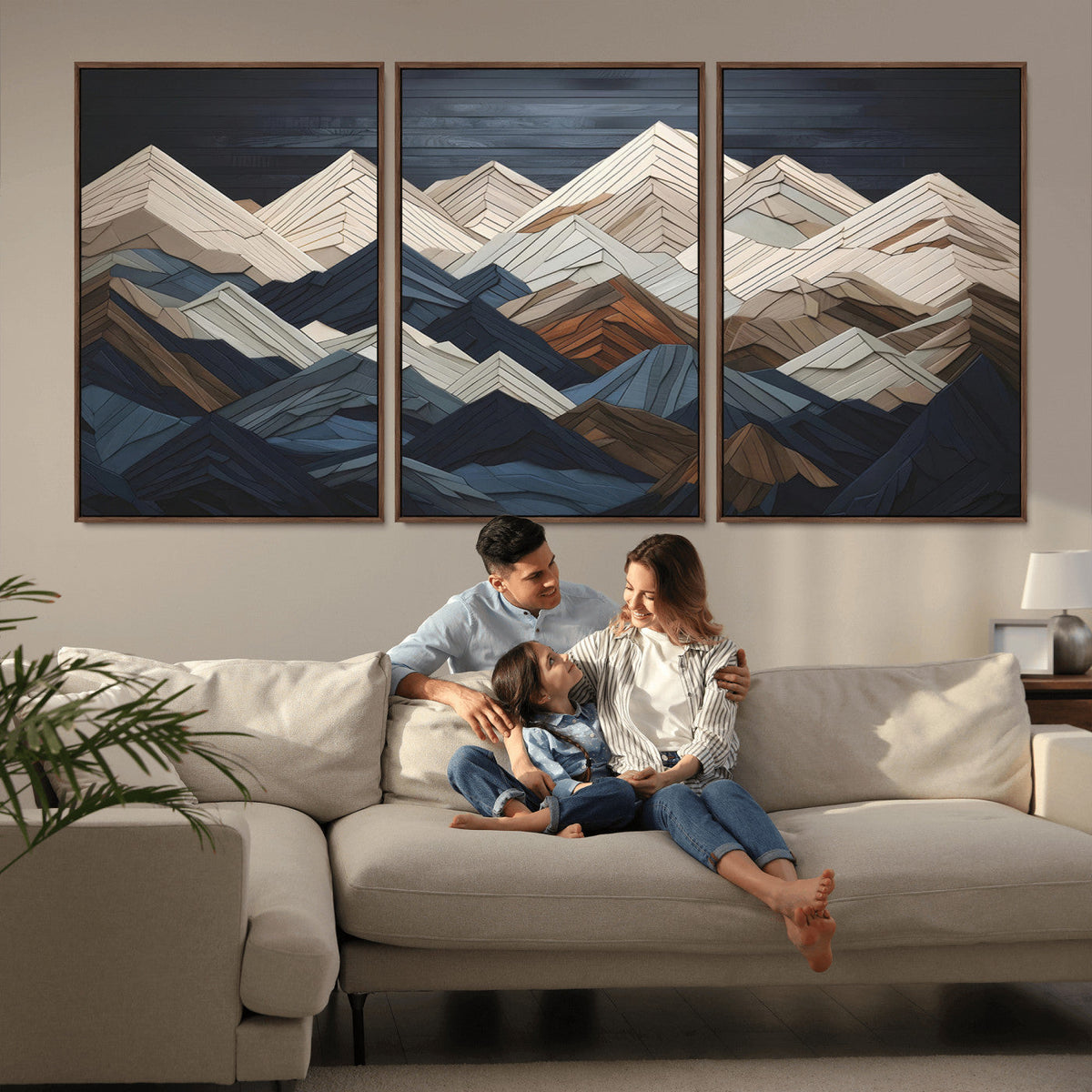 Rustic Mountain Landscape Wall Art Canvas Print, Framed 3D Wooden Effect Mountain Art