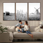 Vintage Farmhouse Black and White Triptych Wall Art, Giclee Canvas with Wheat Fields, Hay Bales and Windmill