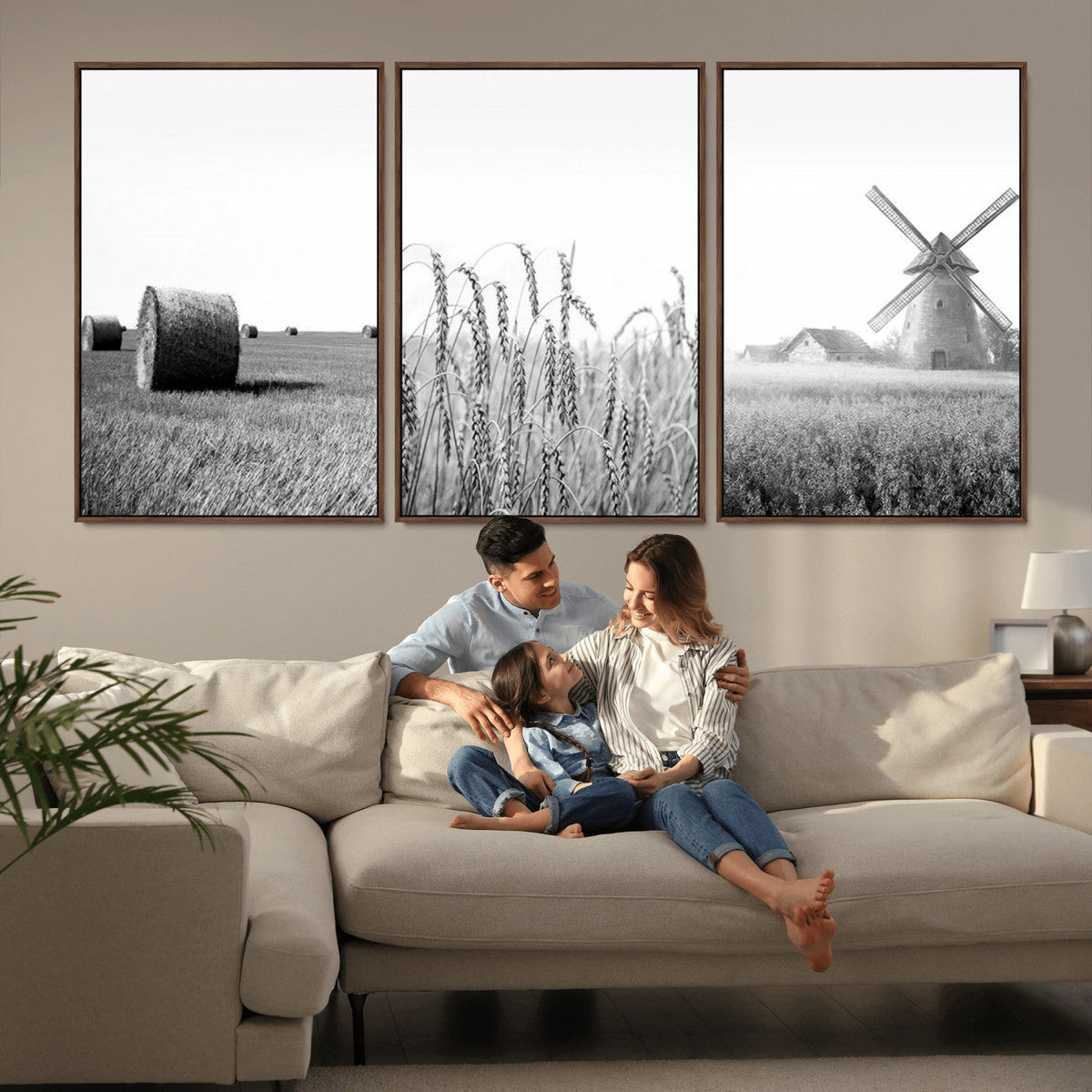Vintage Farmhouse Black and White Triptych Wall Art, Giclee Canvas with Wheat Fields, Hay Bales and Windmill