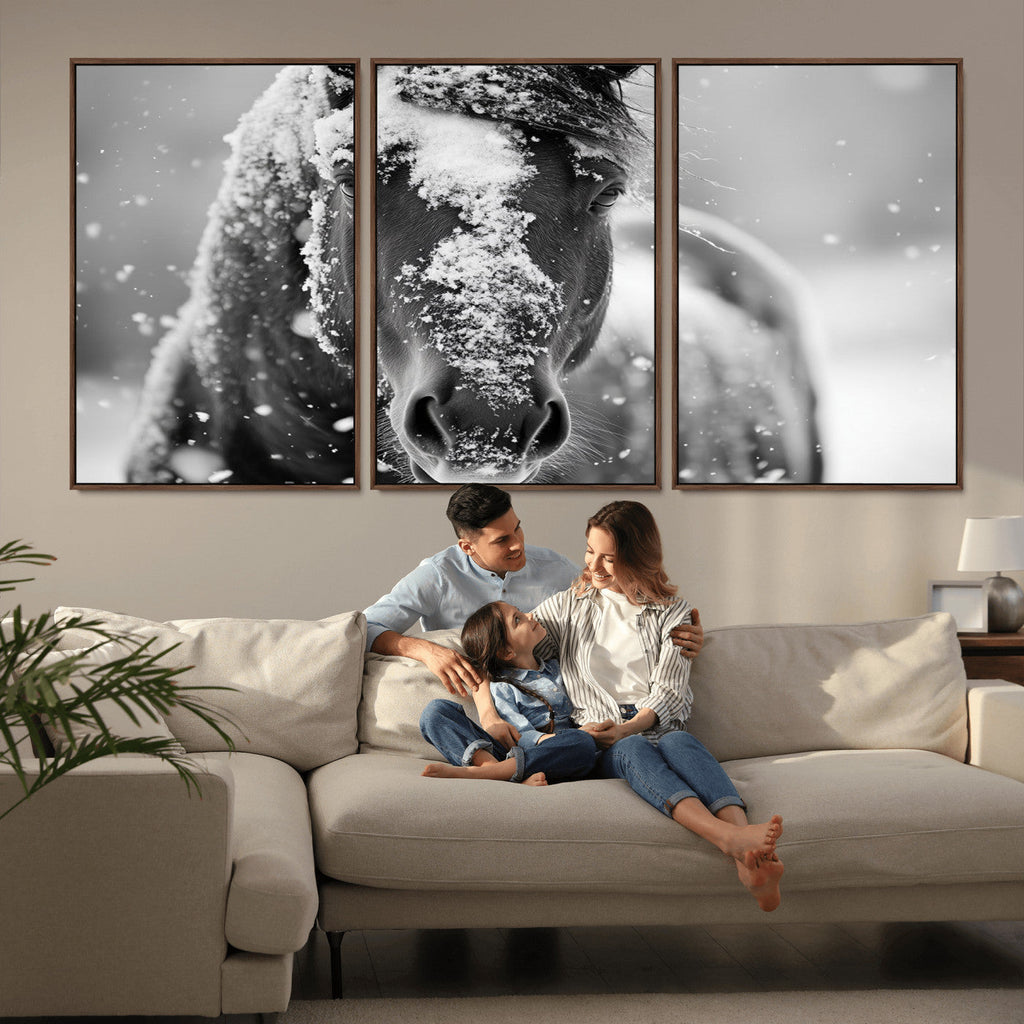 Black and White Horse Winter Wall Art, Ready to Hang