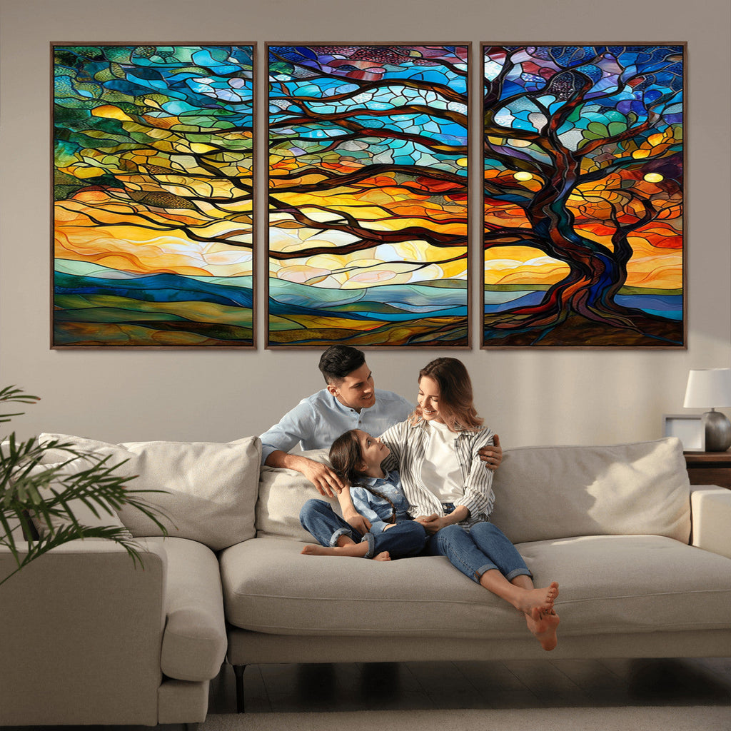 Vibrant Mosaic Tree of Life Wall Art, Stained Glass Style Canvas Print