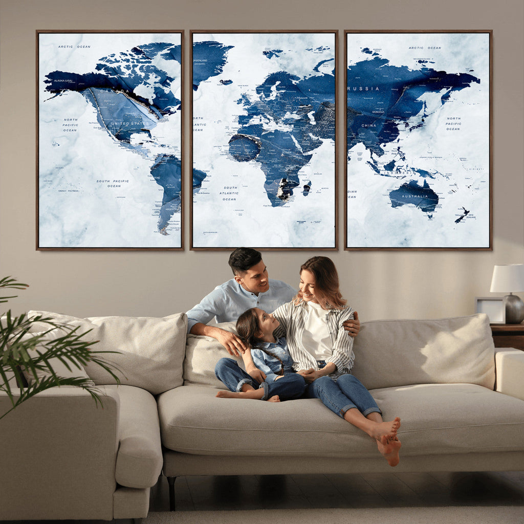 Modern Blue World Map Canvas Print | Elegant Travel Map Wall Art for Home Office
