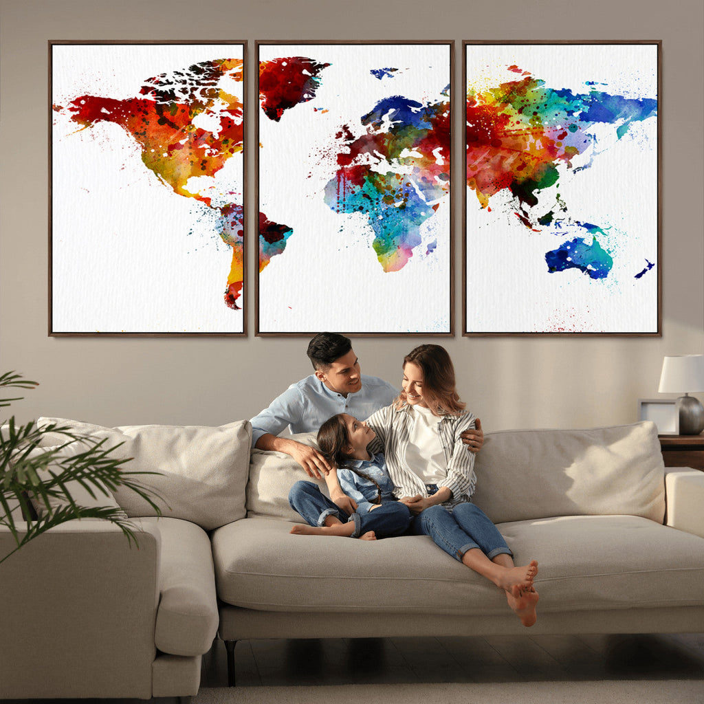Colorful World Map Canvas Wall Art Print, Contemporary Global Map Artwork