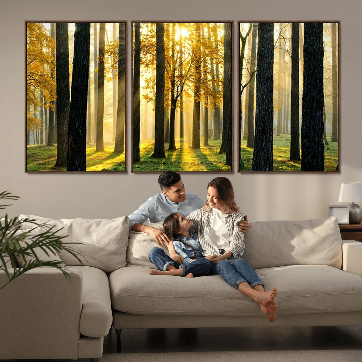 Sunlit Forest Wall Art Canvas Print, Large Framed Woodland Scene with Golden Light