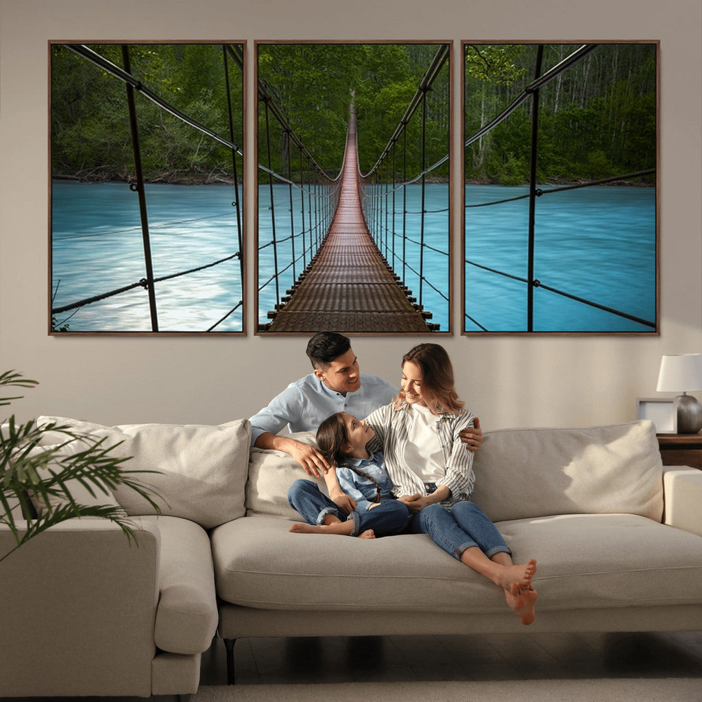 Suspension Bridge Over River Canvas Art | 3-Panel Nature Wall Art