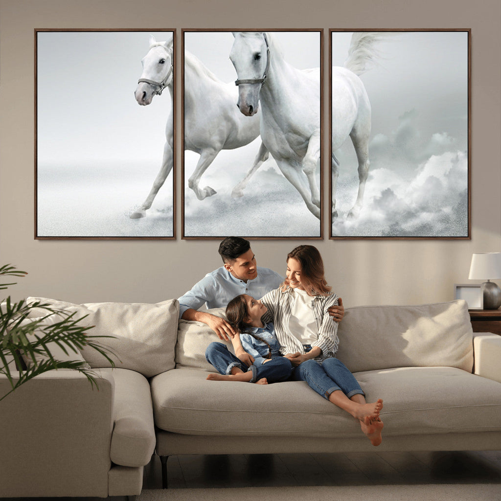 Large Wall Art Canvas Print, Beautiful Running White Horses