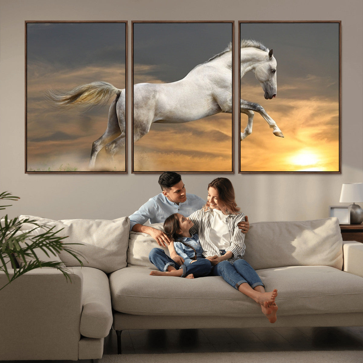 Large Wall Art Canvas Print, White Jumping Horse at Sunset