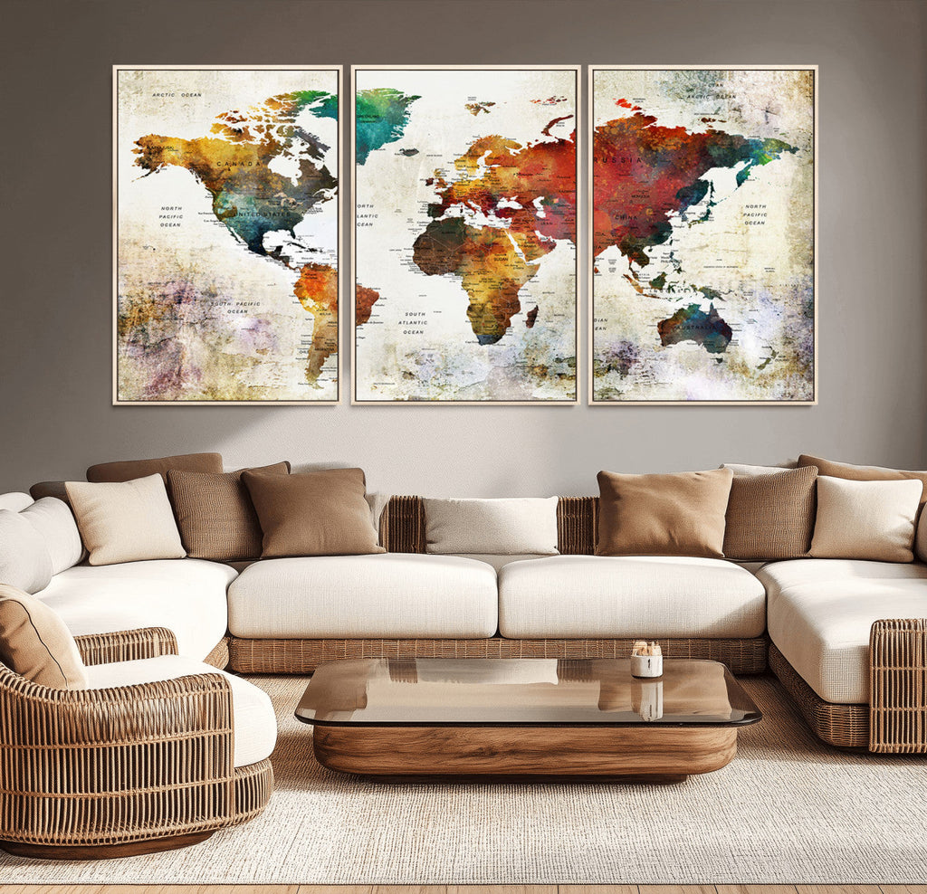 Watercolor World Map Canvas Print | Framed Travel Map Wall Art for Couples
