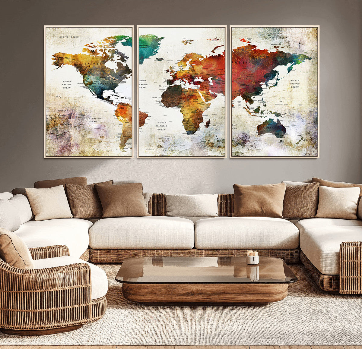 Watercolor World Map Canvas Print | Framed Travel Map Wall Art for Couples