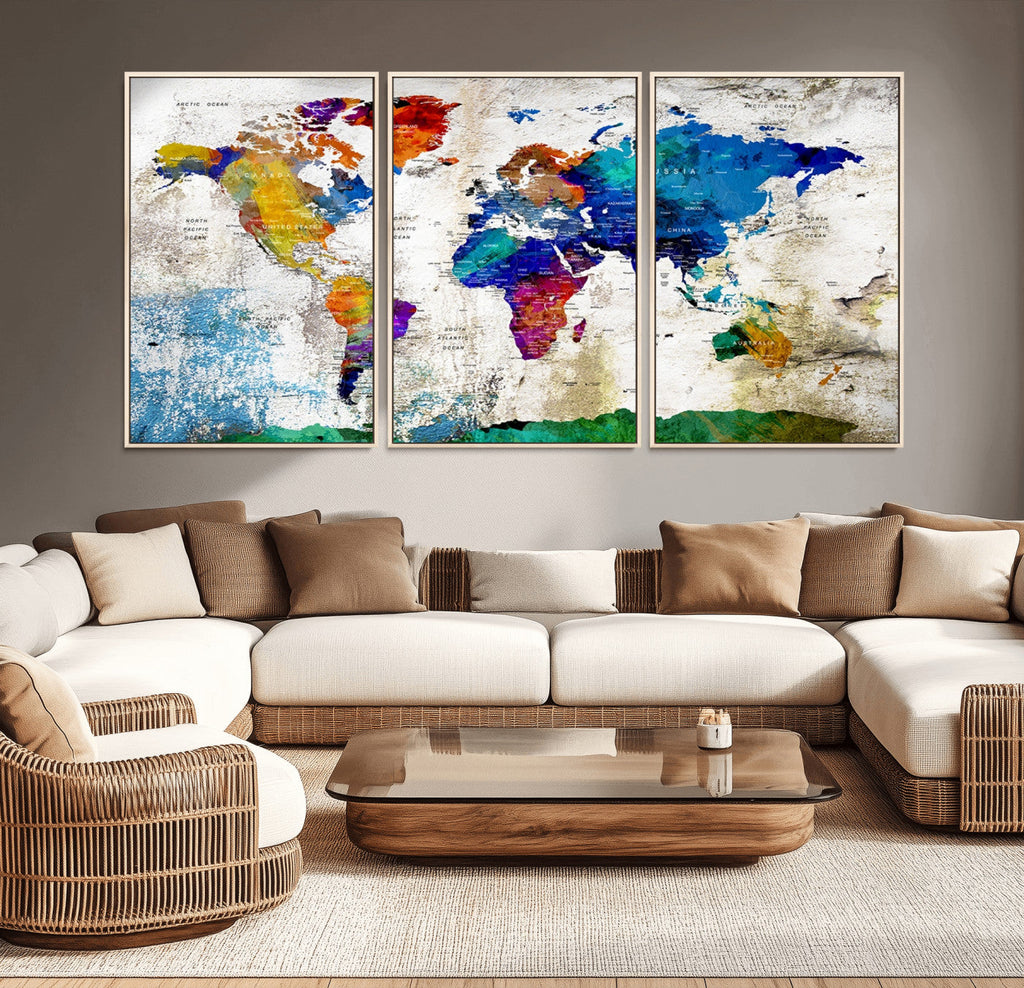 Navy Blue and Orange Watercolor World Map Canvas Print | Framed Travel Map