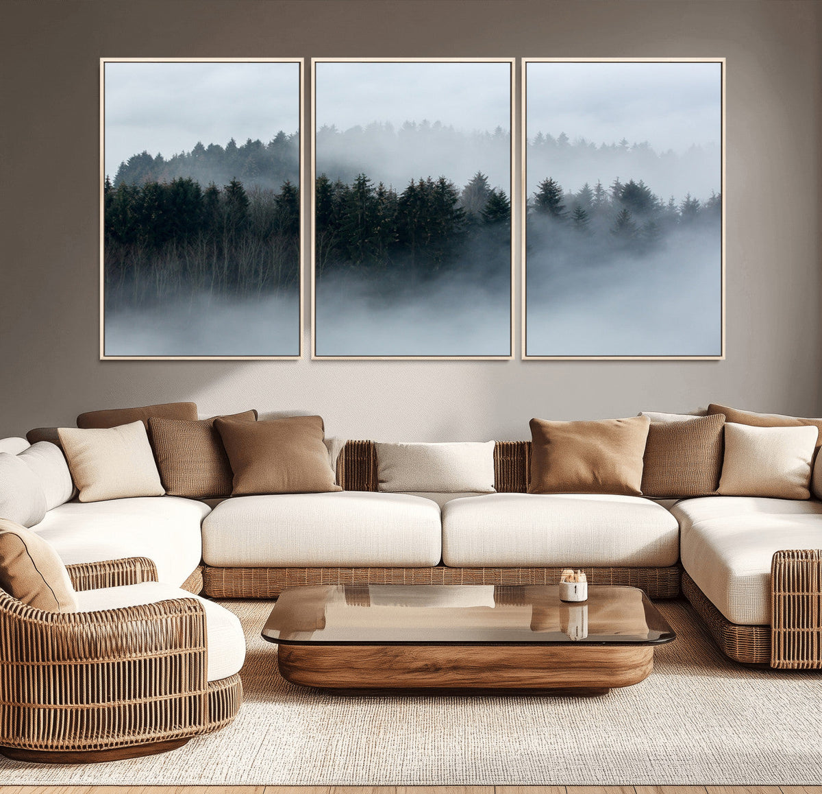 Autumn and Misty Trees in the Forest Wall Art Canvas Print, Foggy Forest Mountain Wall Art