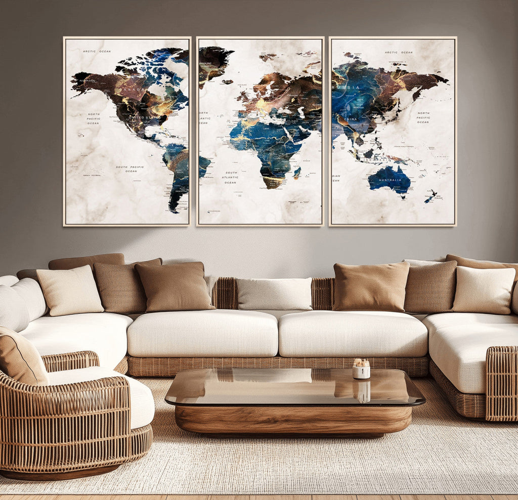Abstract Earth Tone Blue World Map Canvas Print | Framed Travel Map Wall Art