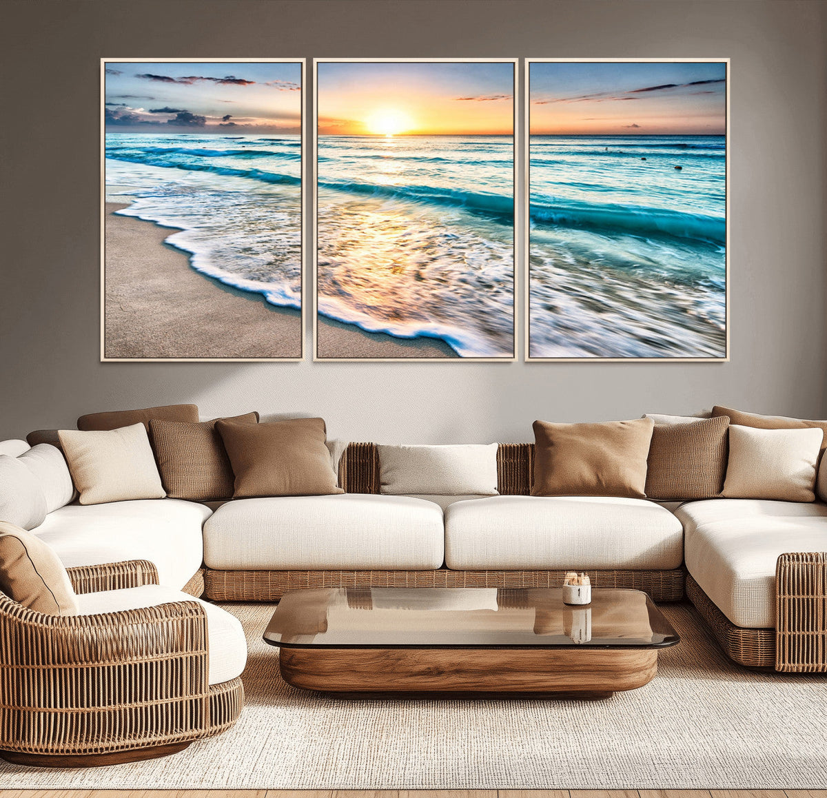 Sunset Beach Waves Canvas Wall Art | Ocean Sunset Coastal Print