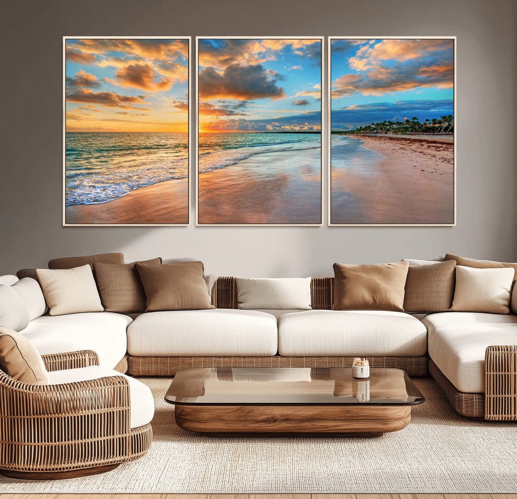 Sunset Beach Canvas Wall Art | Tropical Triptych Seascape Print