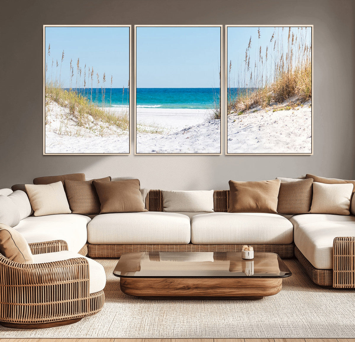 Serene Coastal Dune Path with Ocean View, 3-Panel Beach Canvas Wall Art