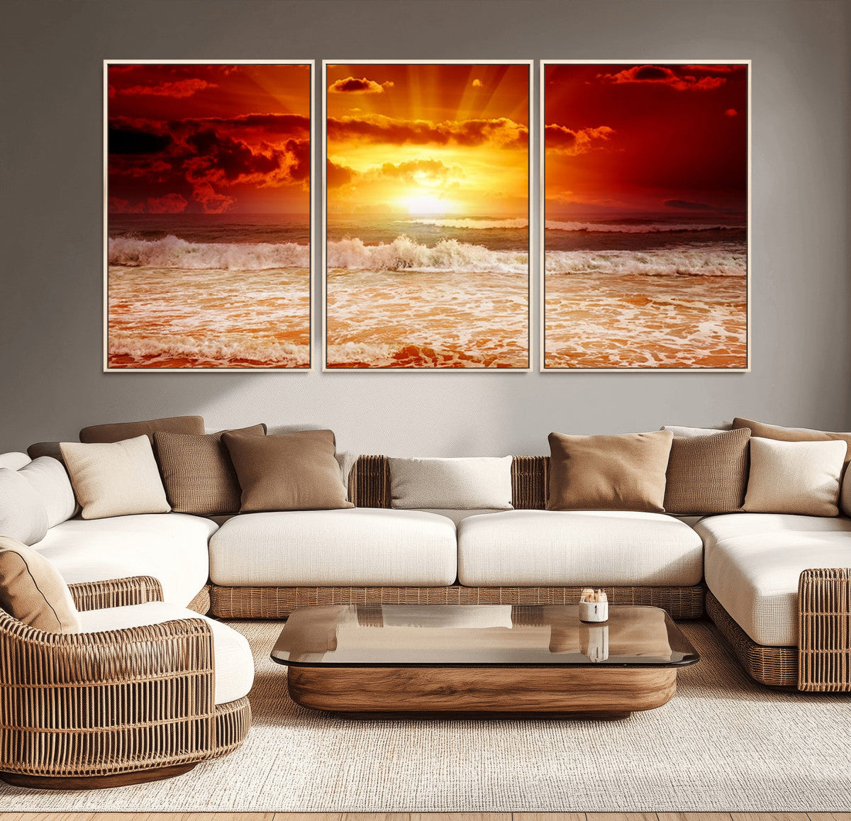 Red Sunset Ocean Beach Canvas Wall Art, Coastal Sunset Print