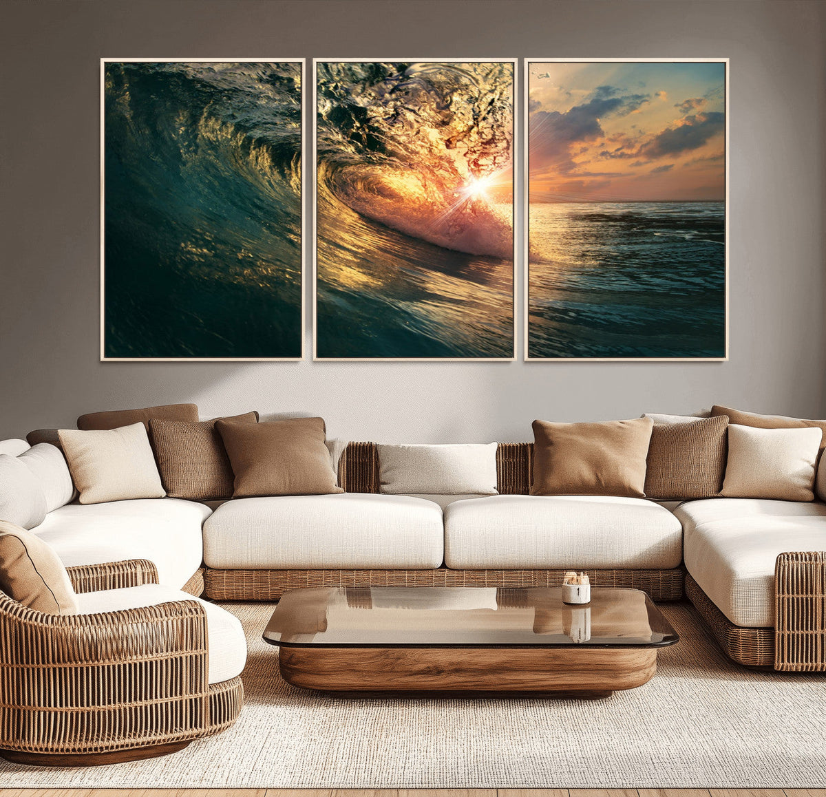 Ocean Wave Sunset Canvas Wall Art | Triptych Seascape Print
