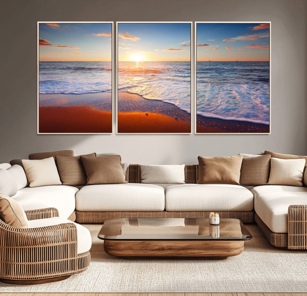 Tropical Ocean Sunset Wall Art Canvas Print, Golden Beach Horizon, Coastal Island Decor
