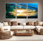 Ocean Wave at Sunset Canvas Art, Large Wall Print of Vibrant Surfing Wave