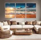 Golden Sunset Beach Triptych Canvas Art, Giclee Coastal Wall Decor, Ocean Waves Print