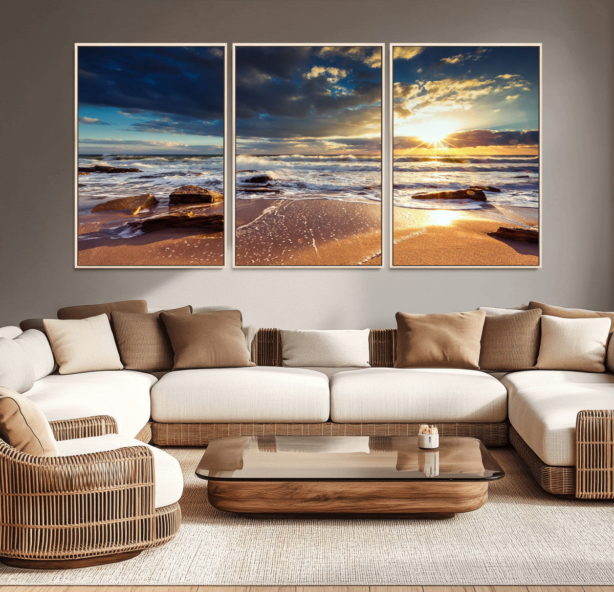 Golden Hour Beach Sunset Canvas Triptych, Ocean Waves and Rocks Wall Art
