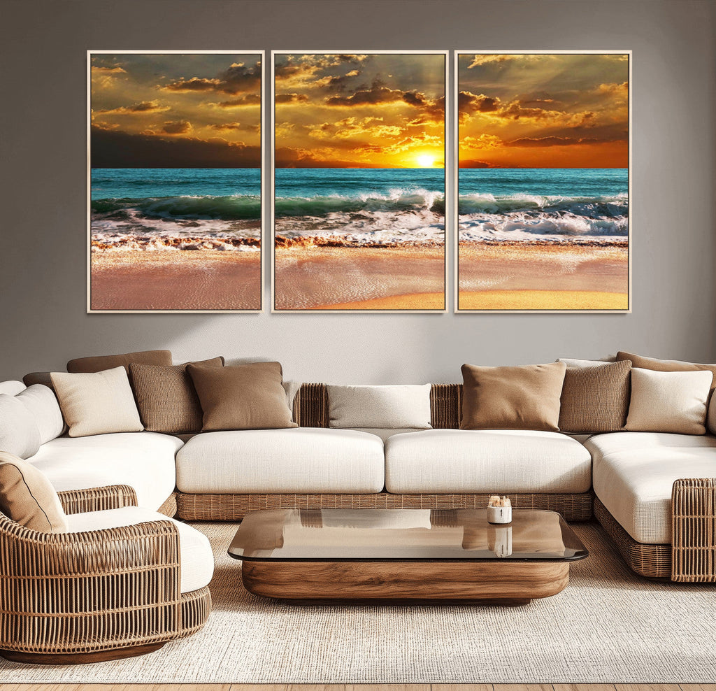 Golden Sunset Beach Canvas Wall Art | Triptych Seascape Print, Framed and Ready to Hang