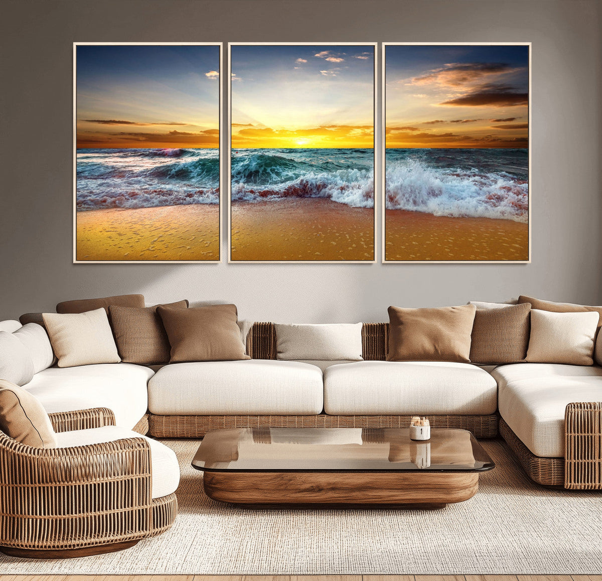 Golden Sunset Ocean Waves Wall Art Canvas Print | Multi Panel Beach Canvas Set, Coastal Triptych