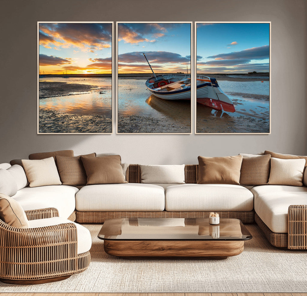 Small Boat At The Beach Sunset Wall Art, Boat Sunset Wall Art Canvas Print